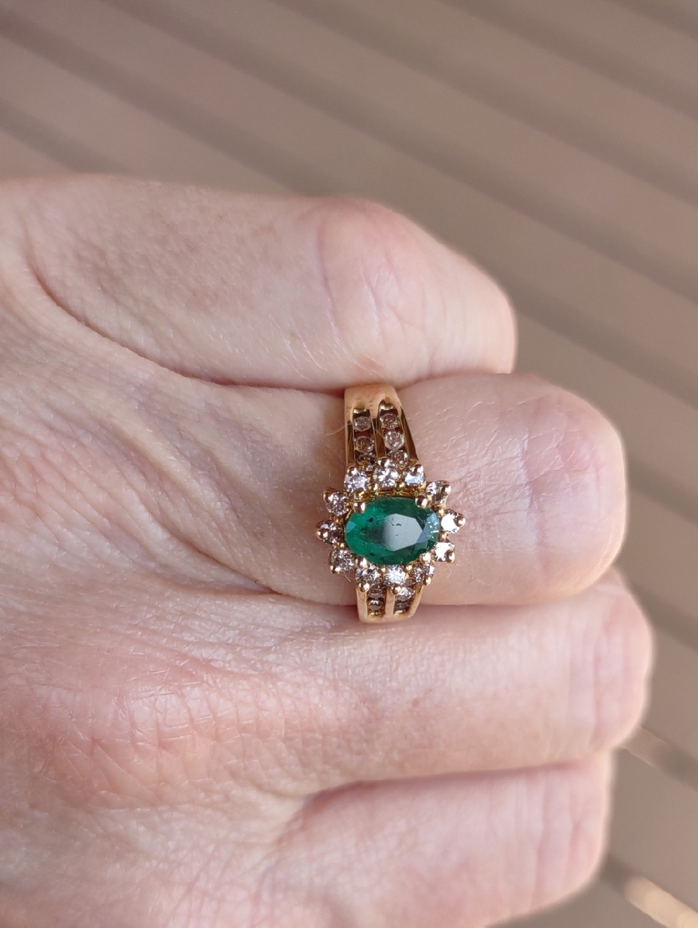 Emerald And Natural Diamond Halo Ring with Diamond Accents 14kt Yellow Gold - Picture 7 of 11